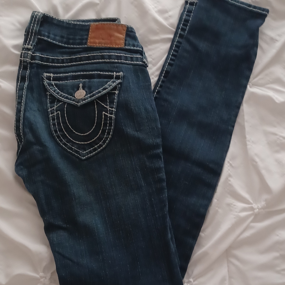 TRUE RELIGION JULIE BIG T - SIZE 28 Women's Dark Blue Contrast-Stitch Slim Jeans